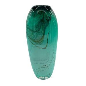 Dan Bergsma Art Glass Vase Signed Numbered Hand Blown Cased Sea Green Swirls 13"